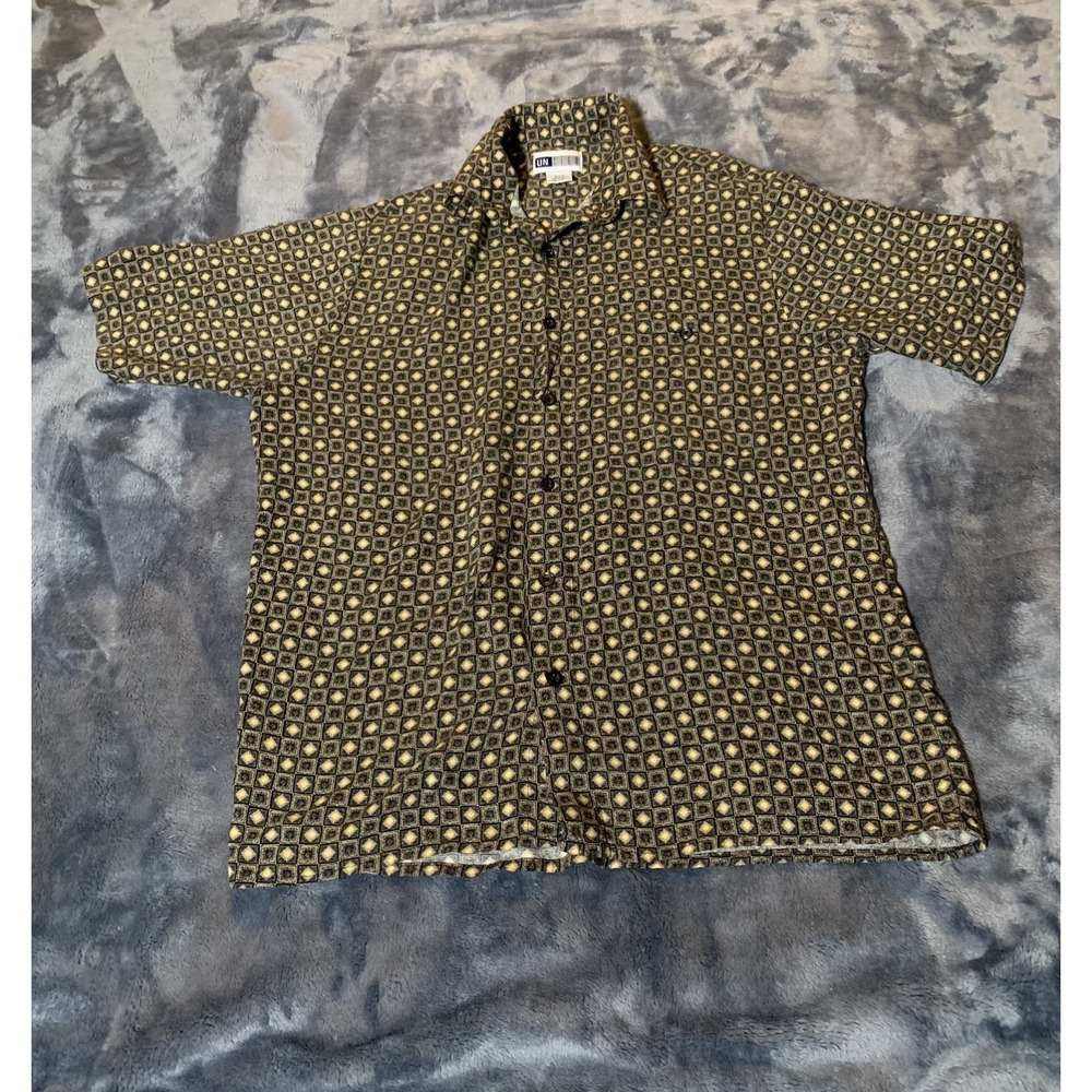 Vintage 90s Untied Shirt Mens Size S Small Beige Black Geometric Print Button Up